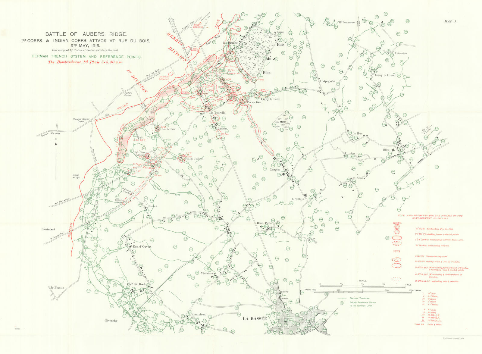 Battle of Aubers Ridge 9th May 1915 1st & Indian Corps. German Trenches 1927 map